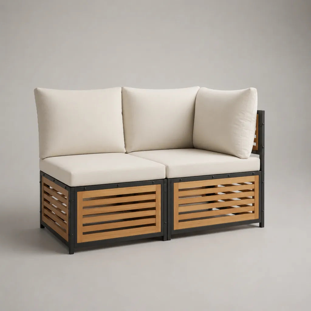 Divano esterno 2 posti in acciaio e legno con cuscini crema beige, 136 × 75 × 79 cm