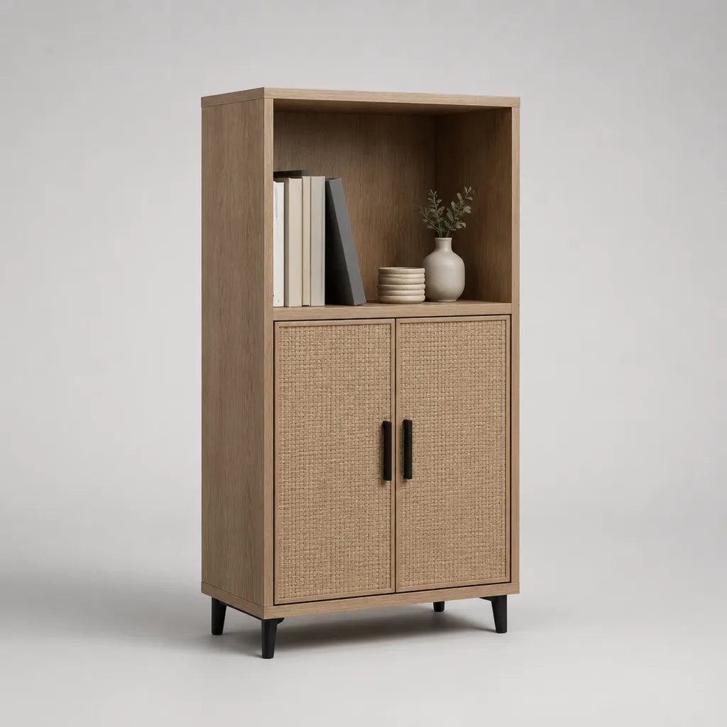 Libreria in legno con armadio a 2 porte, confezionamento in rattan e metallo, rovere naturale, beige e nero, 80 × 40 × 150 cm