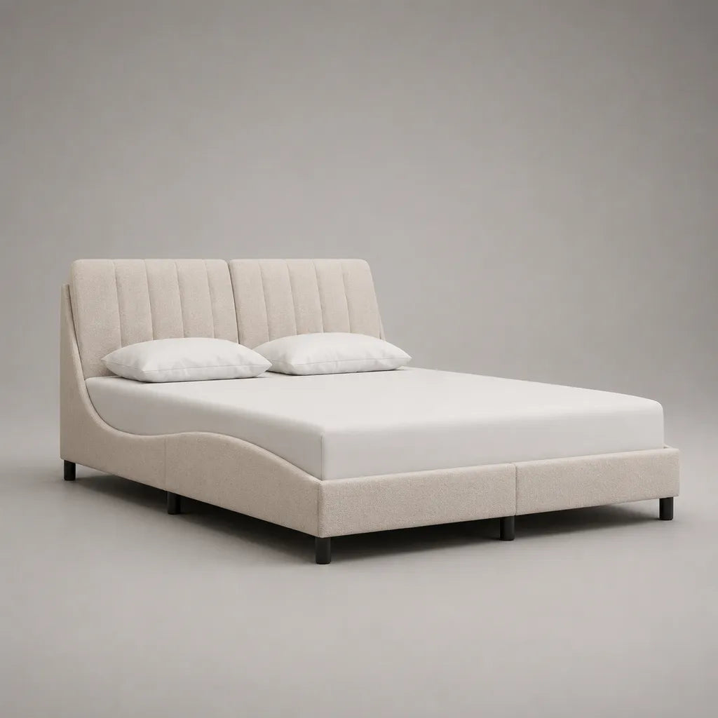 Letto matrimoniale imbottito 160 × 200 cm con letto con latte, tessuto loop ecru e piedi neri in metallo