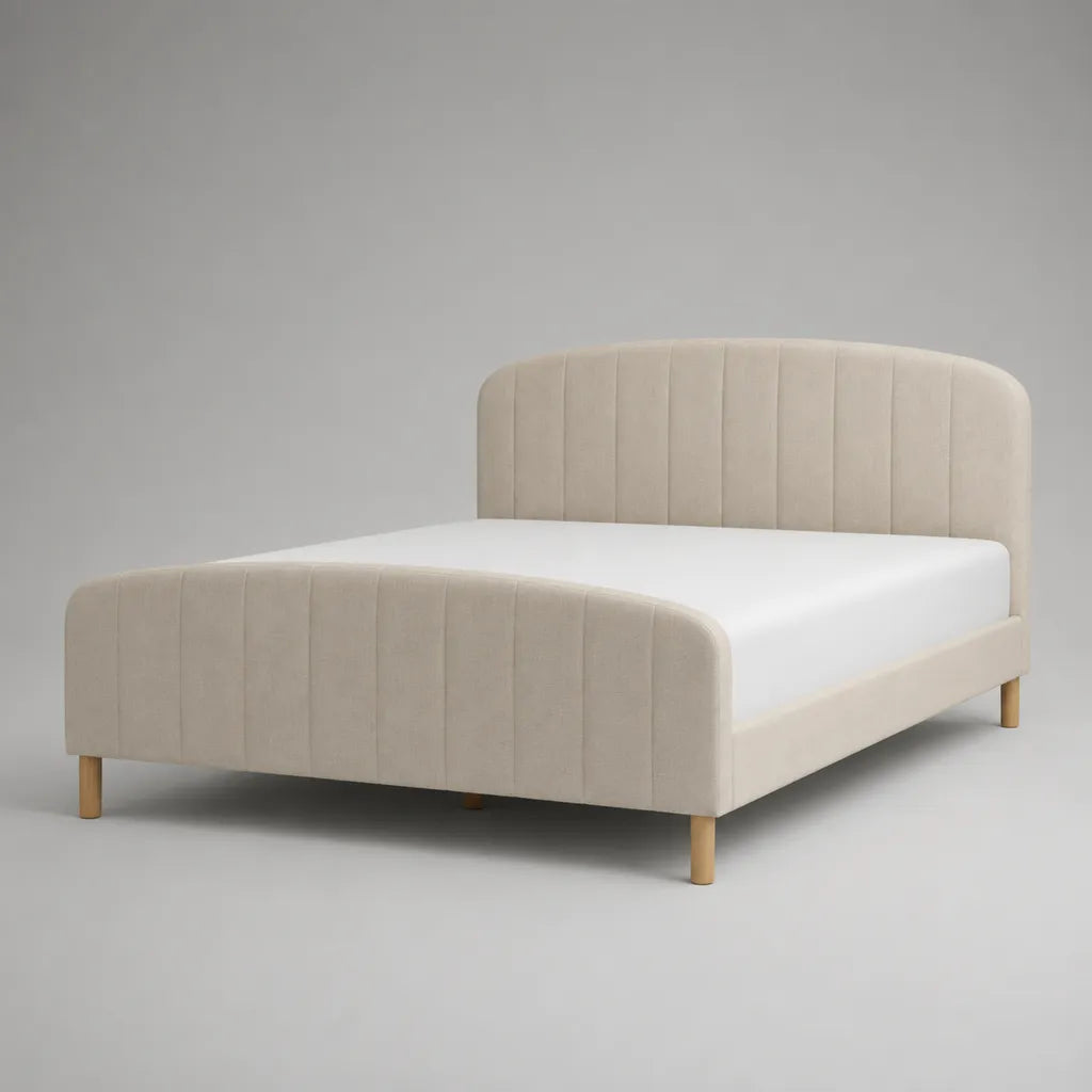 Letto matrimoniale imbottito beige in velluto poliestere, letto 160 × 200 cm, dimensioni 219 × 171 × 110 cm