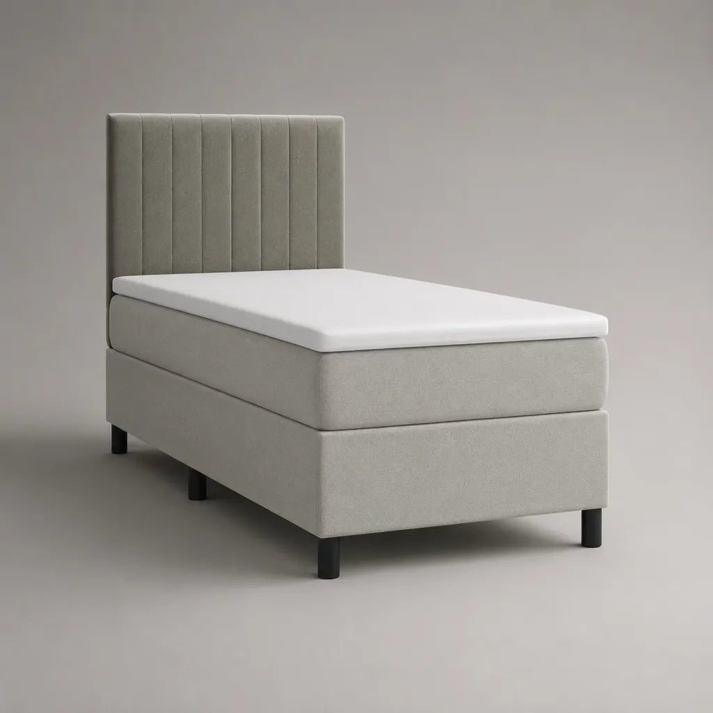 Letto imbottito 1 seduta in velluto poliestere grigio chiaro con materassi e materassi bianchi, 90 × 200 cm, dimensioni 96 × 210 × 120 cm