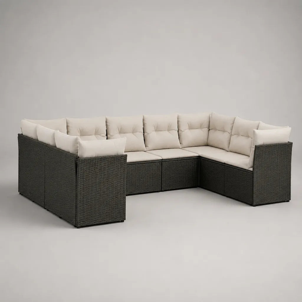 Divano da giardino modulare da 7 posti in resina intrecciata e acciaio, a forma di U, antracite e beige leggero, 318 × 144 × 72 cm