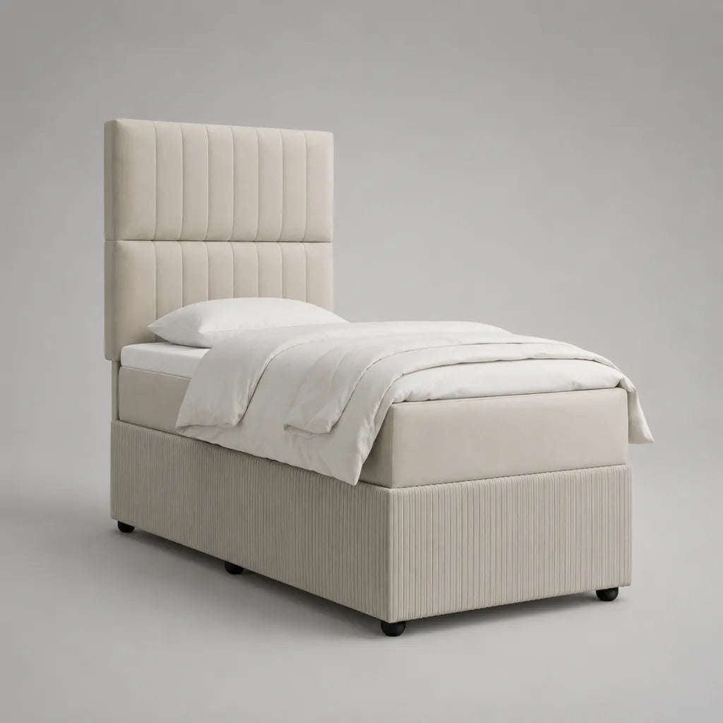 Telaio letto singolo imbottito in tessuto beige con testa alta, letto 90 × 200 cm