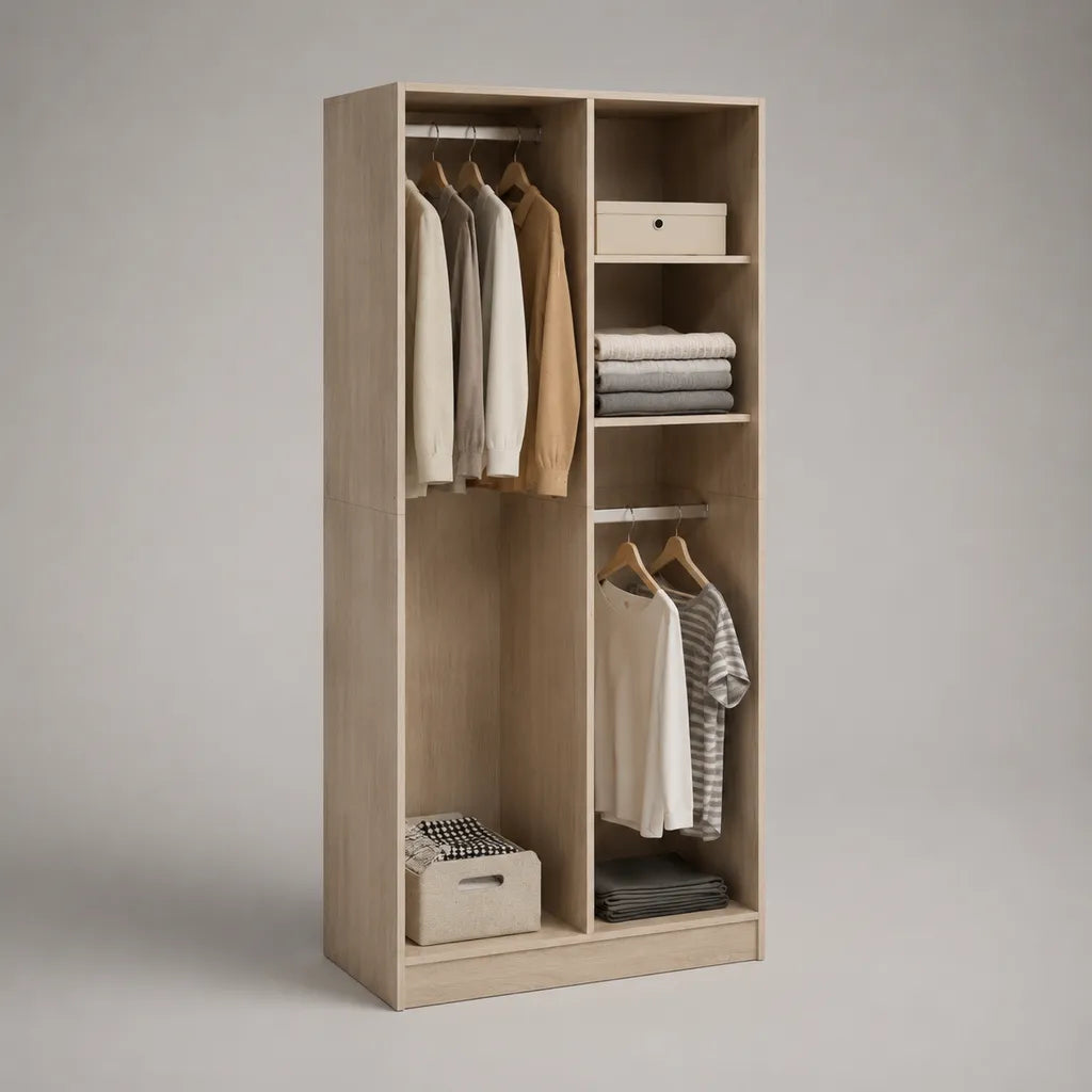 Armadio aperto in pannello di particelle in melamina con 2 appendenti e ripiani, rovere leggero, 90 × 50 × 180 cm