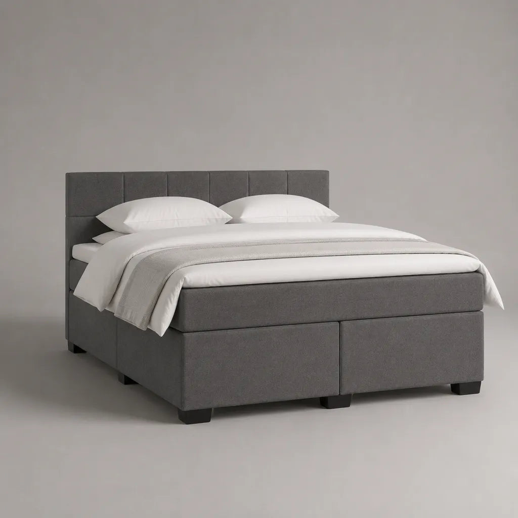 Letto matrimoniale con imbottitura in tessuto antracite e grigio nero con testata, materassi e materassi, letto 160 × 200 cm, dimensioni 168 × 210 × 120 cm