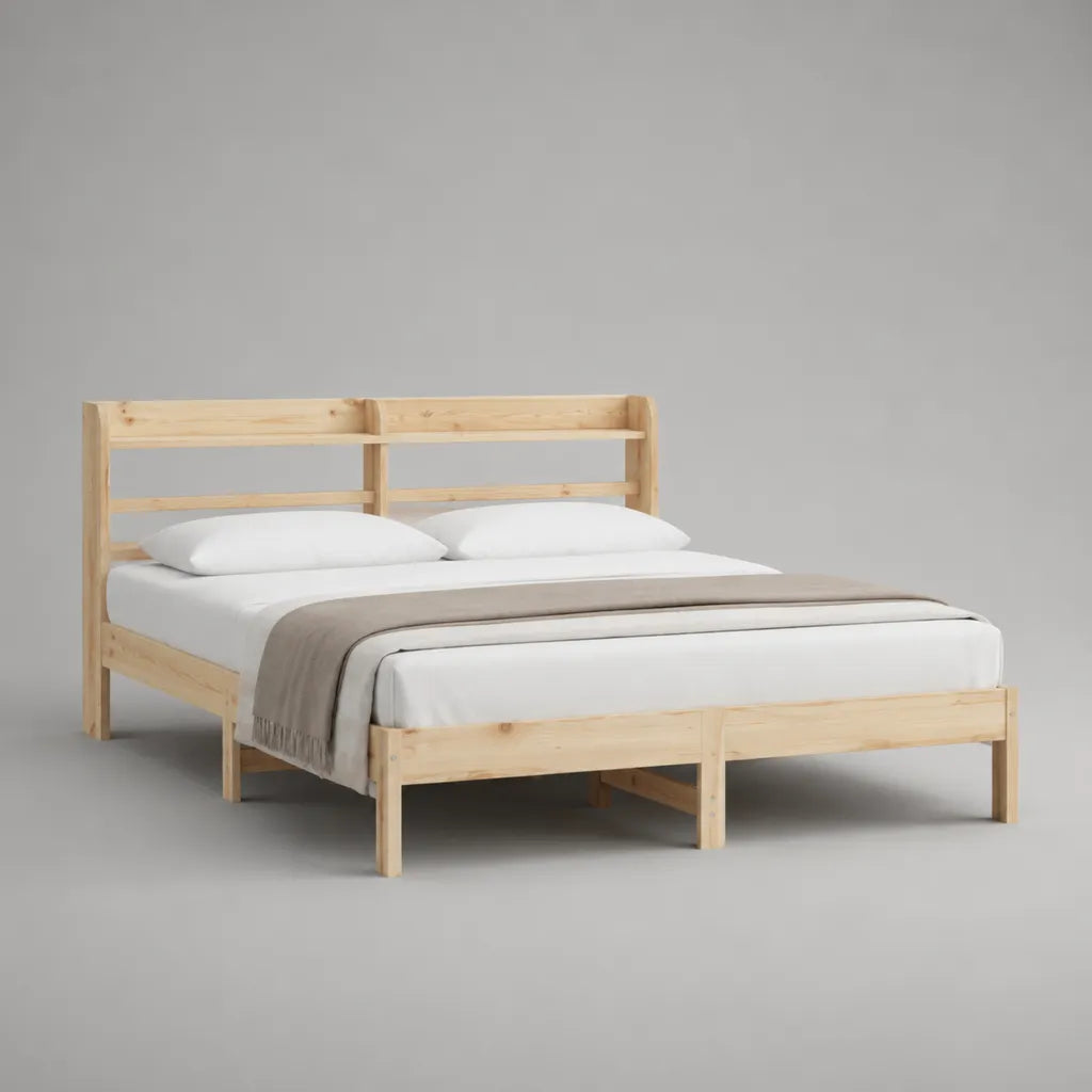 Letto matrimoniale in legno 160 × 200 cm, beige chiaro, con testata e letto con latte