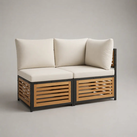 Divano esterno 2 posti in acciaio e legno con cuscini crema beige, 136 × 75 × 79 cm