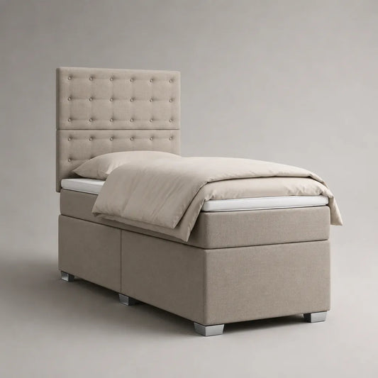 Boxspring letto singolo in tessuto beige con materasso e testa da letto imbottita, letto 90 × 200 cm, dimensioni 95 × 210 × 140 cm