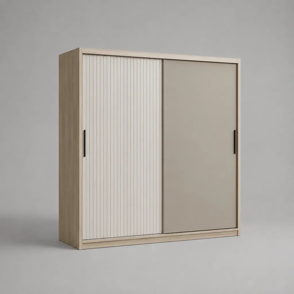 Armadio con 2 porte scorrevoli in pannelli a particelle e MDF, griglia e beige leggero, 180 × 60 × 200 cm