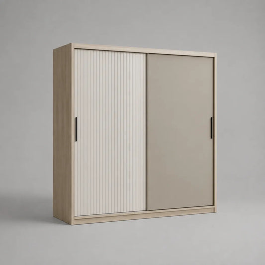 Armadio con 2 porte scorrevoli in pannelli a particelle e MDF, griglia e beige leggero, 180 × 60 × 200 cm
