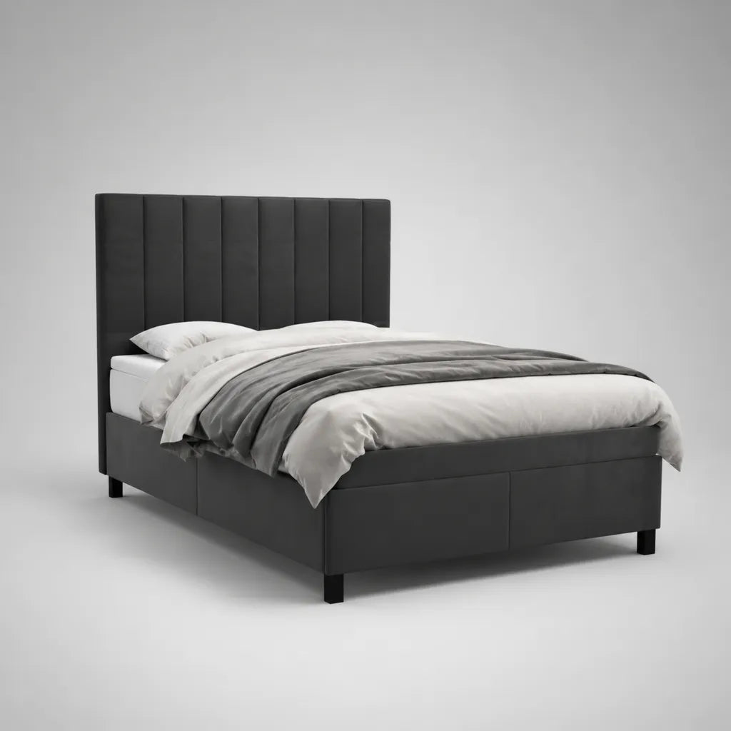 Letto matrimoniale imbottito in pelle nera 160 × 200 cm con testiera con pannelli verticali