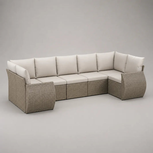 Divano da giardino modulare da 5 posti in resina intrecciata e acciaio, taupe e beige leggero, 300 × 145 × 76 cm