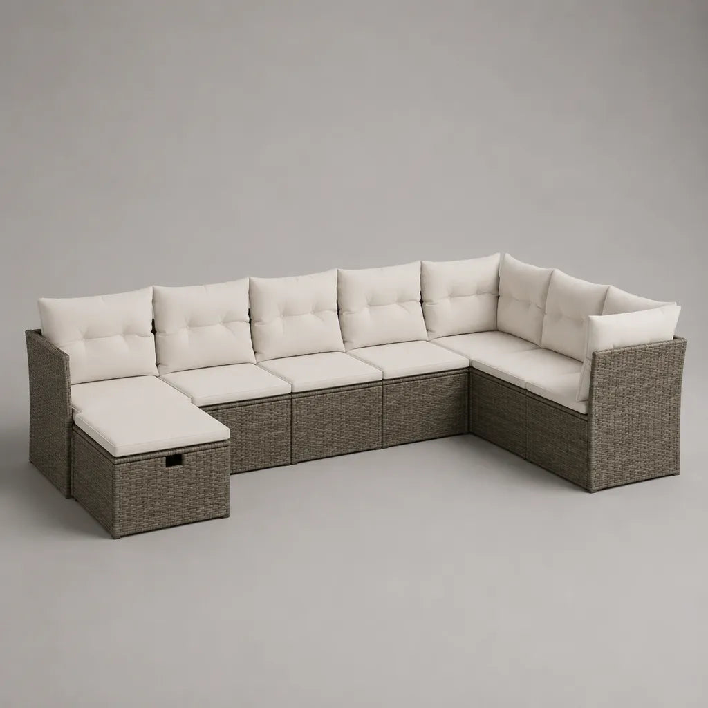 Sala da giardino modulare 7 camere 6 posti in resina grigia intrecciata con cuscini in ecru, a forma di U, 325 × 145 × 74 cm