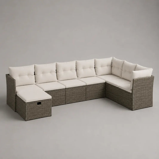 Sala da giardino modulare 7 camere 6 posti in resina grigia intrecciata con cuscini in ecru, a forma di U, 325 × 145 × 74 cm