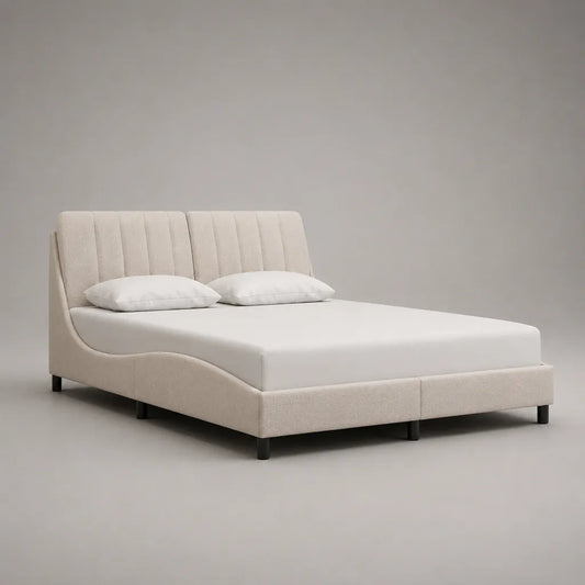 Letto matrimoniale imbottito 160 × 200 cm con letto con latte, tessuto loop ecru e piedi neri in metallo