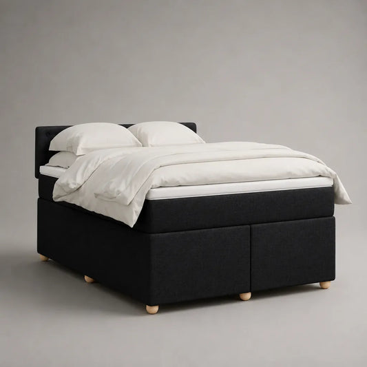 Letto doppio in tessuto nero con testata, materassi e materassi bianchi, letto 160 × 200 cm
