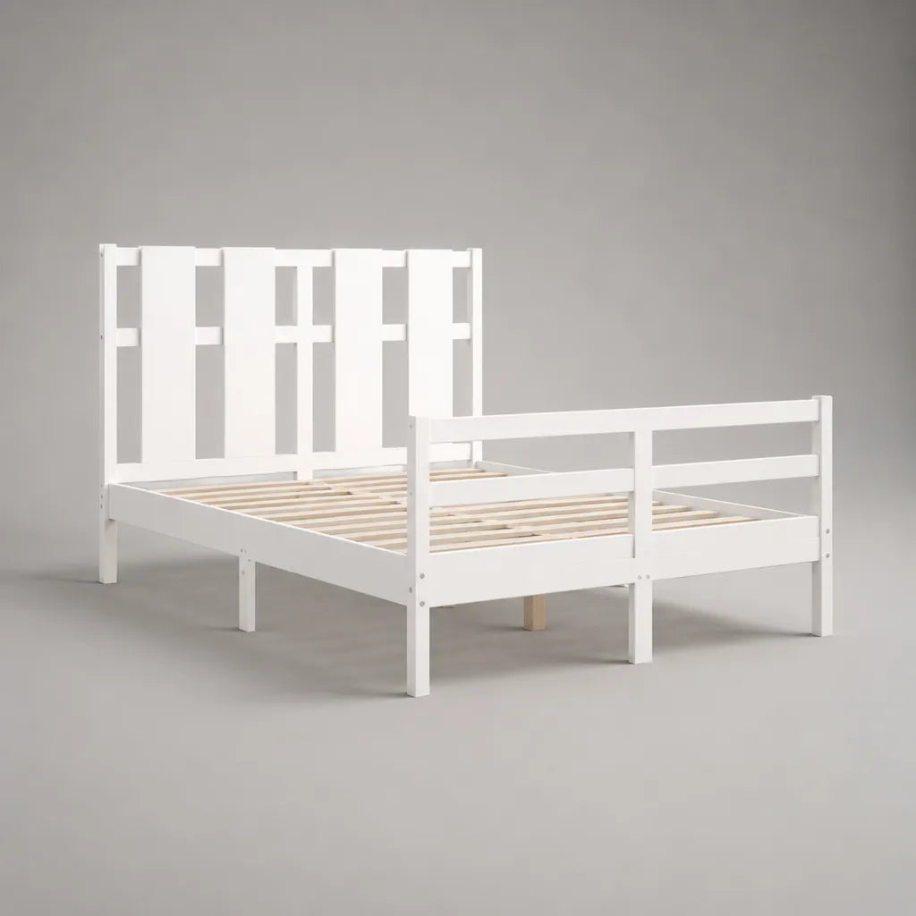 Letto matrimoniale in legno 140 × 200 cm con letto con latte e barriere laterali, bianco e naturale