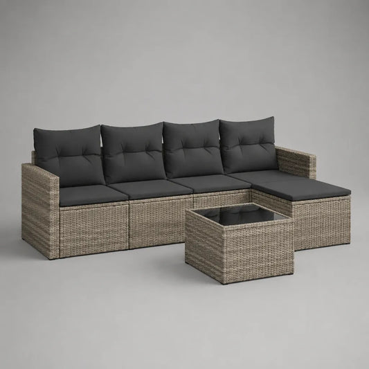 Soggiorno da giardino 5 camere con divano angolare 4 posti a sedere in resina intrecciata grigia taupe, cuscini antracite, 220 × 146 × 68 cm
