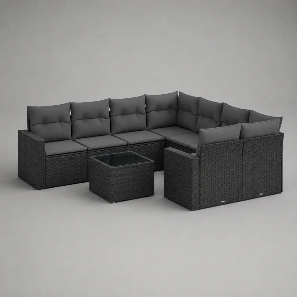 Soggiorno da giardino modulabile in U 9 pezzi in polietilene intrecciato nero, cuscini grigi, tavolo, 8 sedili, 280 × 210 × 74 cm
