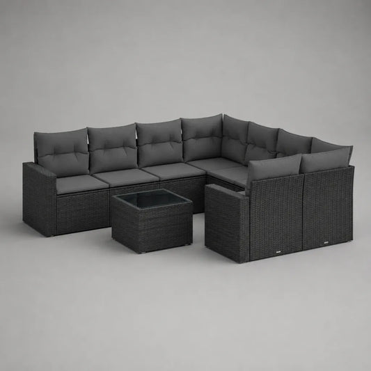 Soggiorno da giardino modulabile in U 9 pezzi in polietilene intrecciato nero, cuscini grigi, tavolo, 8 sedili, 280 × 210 × 74 cm