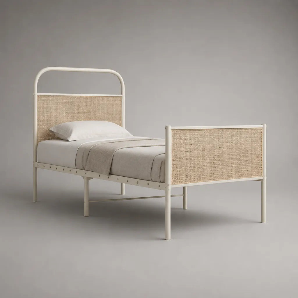 Letto singolo 90 × 190 cm in acciaio con testa e piede in rottano intrecciato, bianco rotto e beige naturale