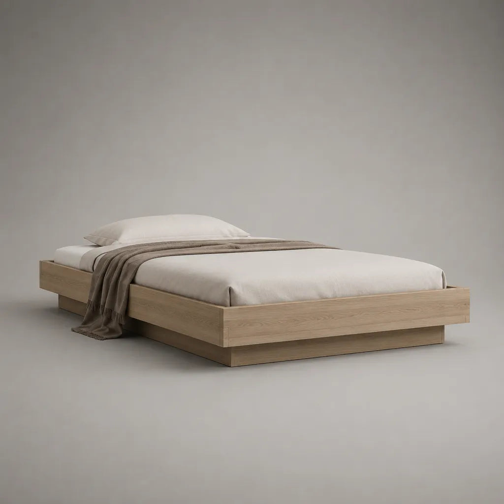 Letto matrimoniale in legno di rovere chiaro senza testata, letto 160 × 200 cm, dimensioni 206 × 166 × 40 cm