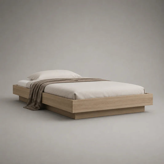 Letto matrimoniale in legno di rovere chiaro senza testata, letto 160 × 200 cm, dimensioni 206 × 166 × 40 cm