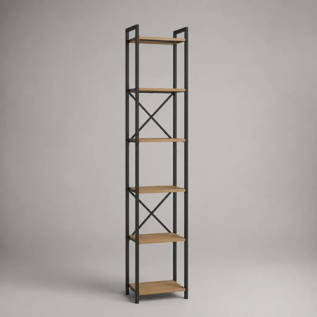 Libreria di ripiani in legno e metallo a 6 livelli, rovere chiaro e nero, 40 × 30 × 180 cm