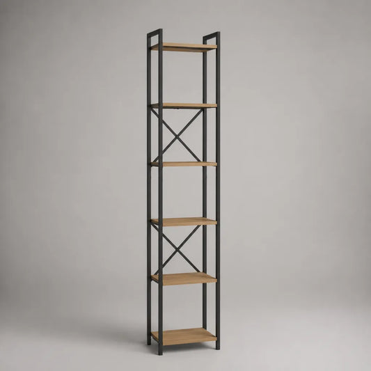 Libreria di ripiani in legno e metallo a 6 livelli, rovere chiaro e nero, 40 × 30 × 180 cm