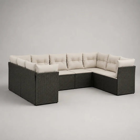 Divano da giardino modulare da 7 posti in resina intrecciata e acciaio, a forma di U, antracite e beige leggero, 318 × 144 × 72 cm
