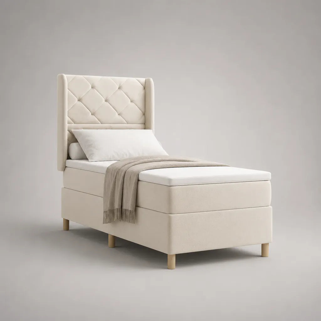 Letto singolo imbottito in tessuto crema 90 × 200 cm con materassi, materassi e testiera imbottita, dimensioni totali 105 × 212 × 125 cm