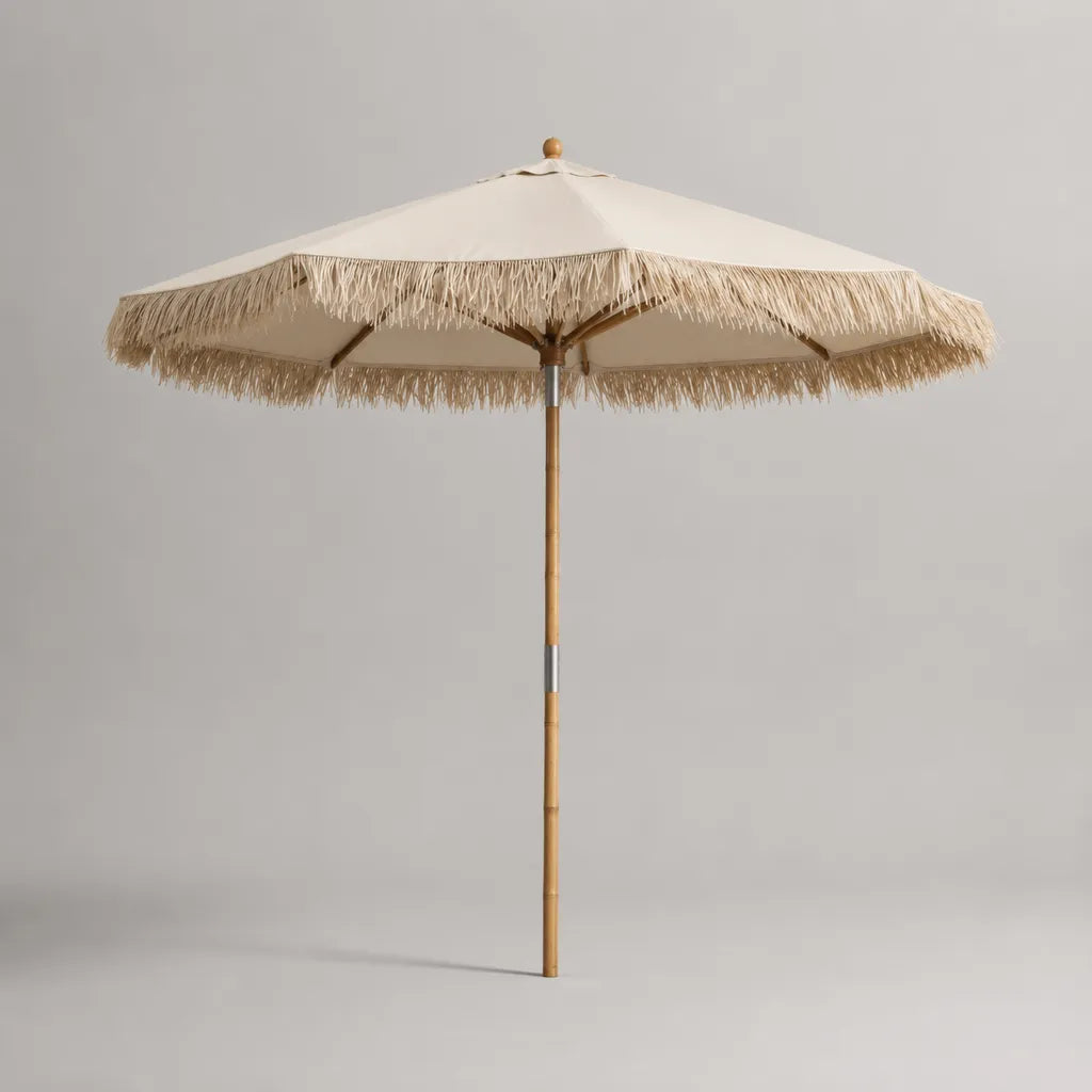 Ombrello da giardino in bambù e frange beige, Ø 250 × H 240 cm