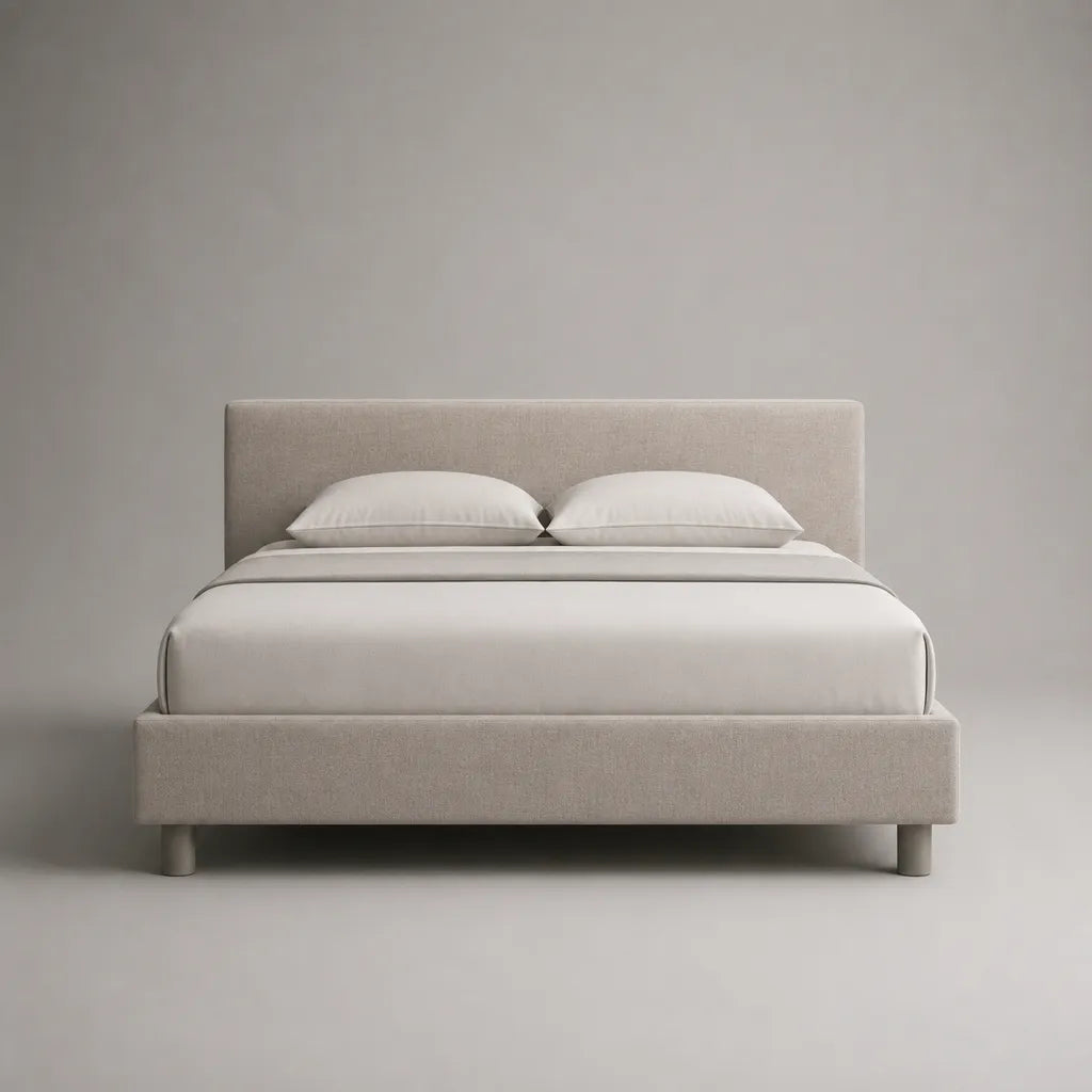Letto matrimoniale imbottito in tessuto beige, letto da 160 × 200 cm, 170 × 215 × 110 cm, testa di letto rettangolare e letto con latte