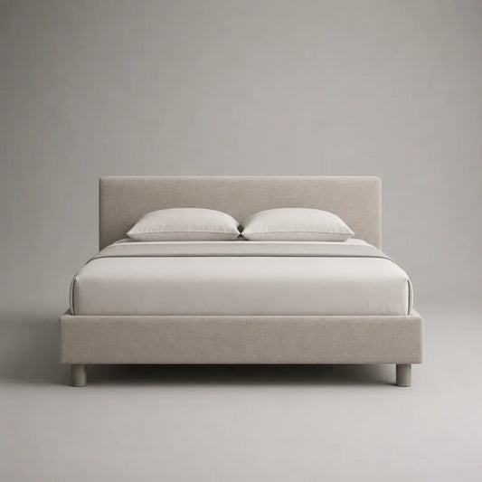 Letto matrimoniale imbottito in tessuto beige, letto da 160 × 200 cm, 170 × 215 × 110 cm, testa di letto rettangolare e letto con latte