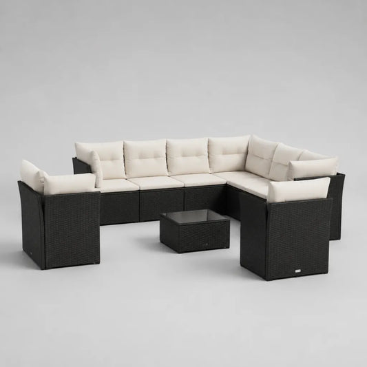 Giardino esterno 8 camere 7 posti a sedere in resina nera intrecciata e tessuto ecru, configurazione in U, 280 × 220 × 75 cm