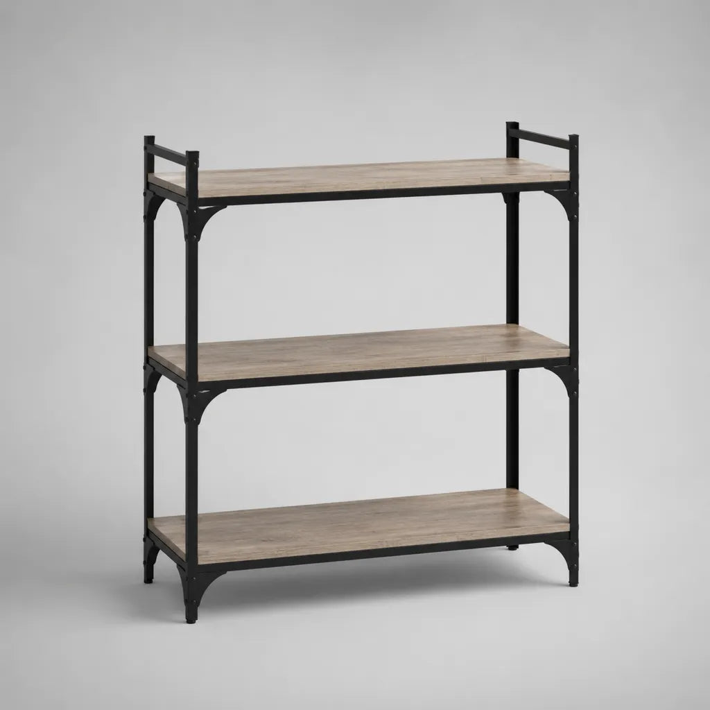 Ripiano rettangolare a 3 livelli in acciaio e pannello di particelle, rovere chiaro e nero, 80 × 30 × 90 cm