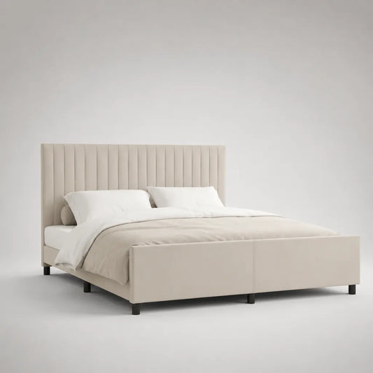 Letto matrimoniale imbottito in poliestere beige con testata con pannelli verticali, letto 160 × 200 cm
