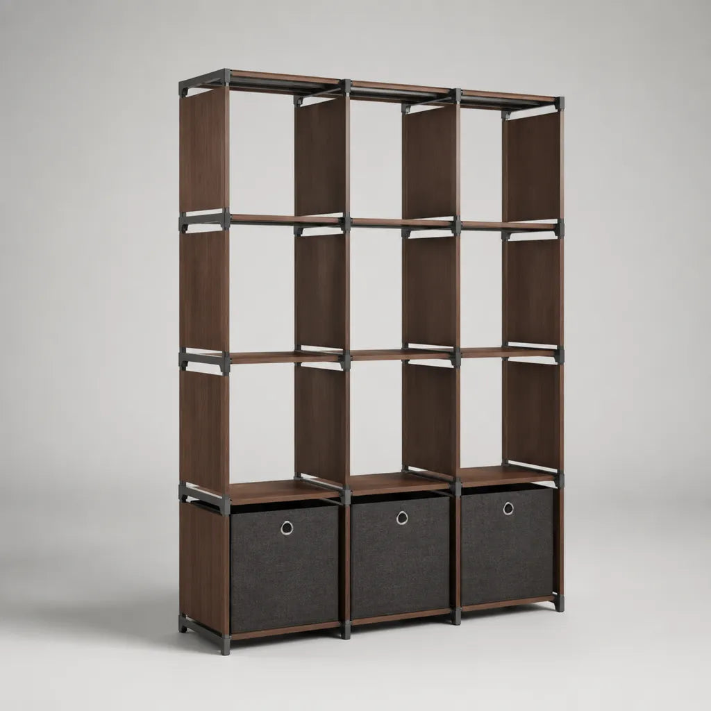 Libreria aperta in MDF e acciaio con 9 nicchie e 3 vassoi estraibili, marrone noce, nero e grigio scuro, 120 × 30 × 180 cm
