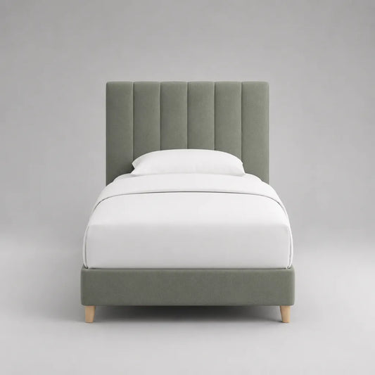 Letto singolo imbottito in poliestere verde con testata con pannelli verticali, letto 90 × 200 cm