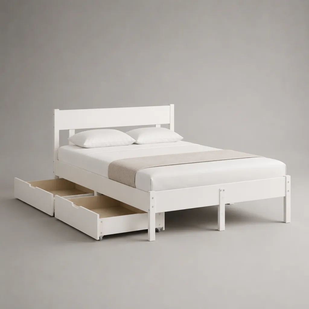 Letto matrimoniale in legno bianco con letto con latte e 2 cassetti, letto 140 × 190 cm, dimensioni 198 × 148 × 90 cm