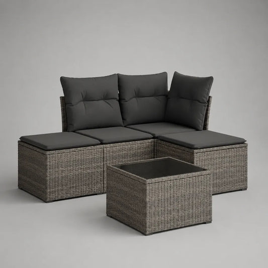 Soggiorno da giardino 4 locali in resina intrecciata con divano angolo, poggiapiedi e tavolo, grigio e antracite, 206 × 136 × 72 cm