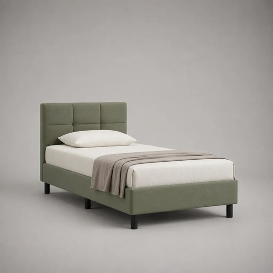 Letto singolo imbottito in poliestere verde con testa letto imbottito, letto 90 × 190 cm