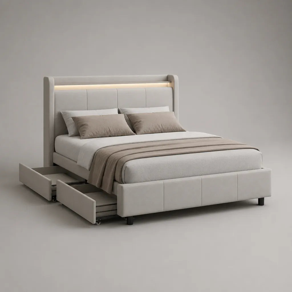 Letto matrimoniale imbottito in poliestere beige chiaro con 4 cassetti e illuminazione a LED, 160 × 200 cm di sonno, 218 × 176 × 120 cm di dimensioni