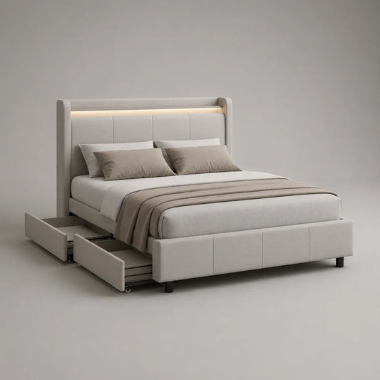 Letto matrimoniale imbottito in poliestere beige chiaro con 4 cassetti e illuminazione a LED, 160 × 200 cm di sonno, 218 × 176 × 120 cm di dimensioni