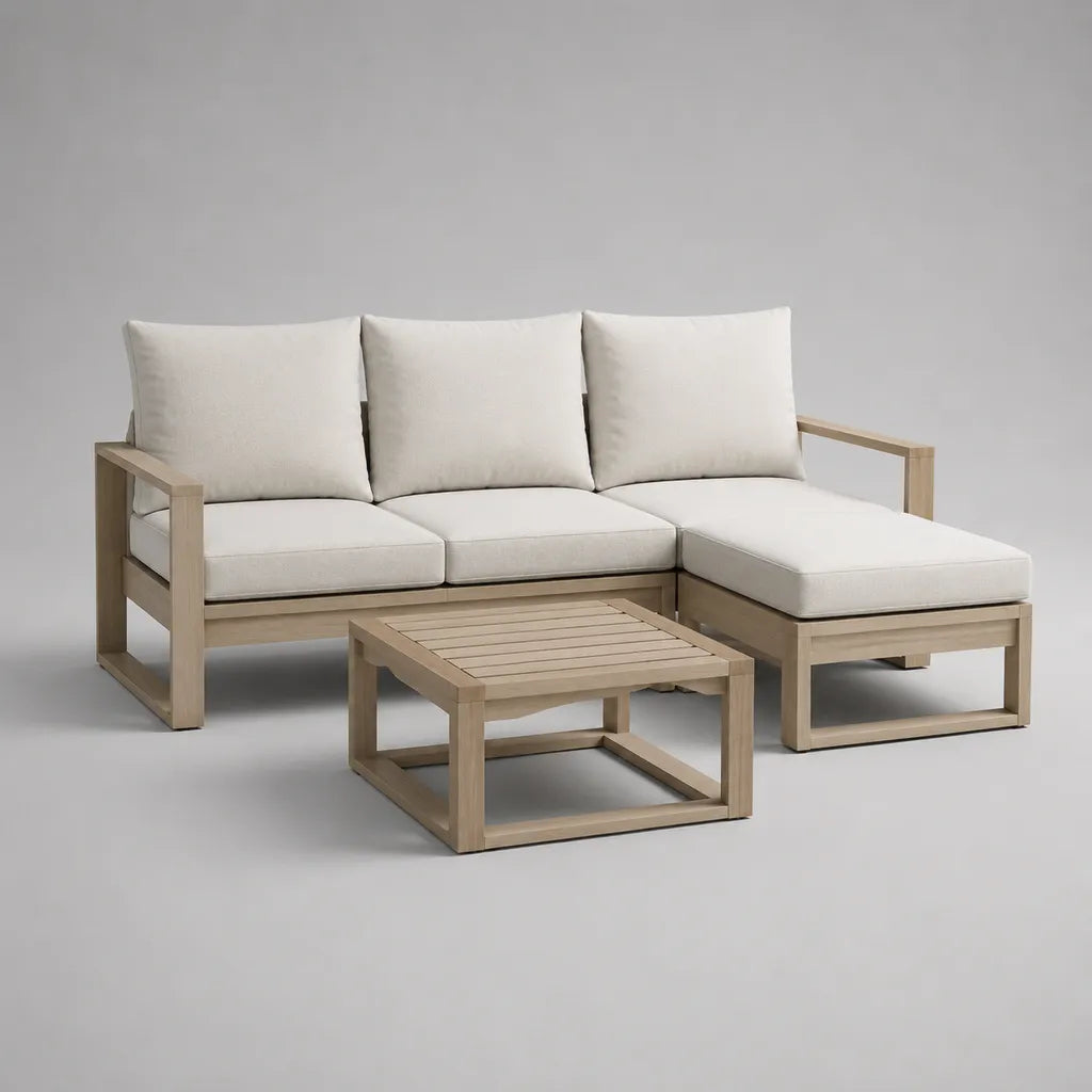 Giardino soggiorno 3 camere in legno, divano angolo 3 posti con cuscini e tavolino, 215 × 145 × 80 cm