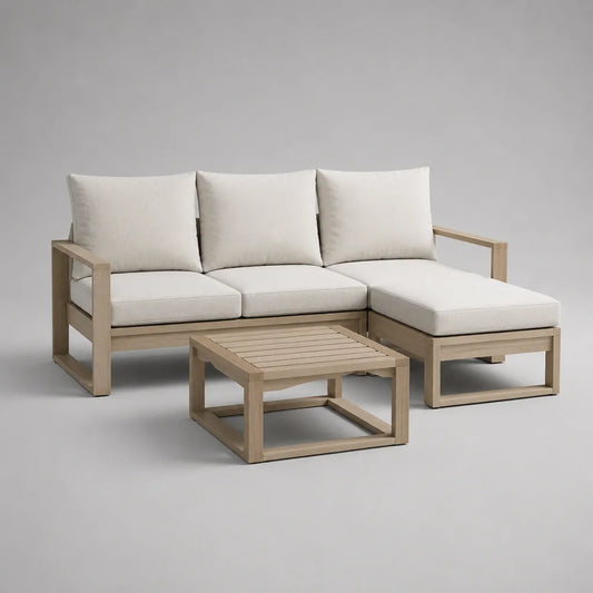 Giardino soggiorno 3 camere in legno, divano angolo 3 posti con cuscini e tavolino, 215 × 145 × 80 cm